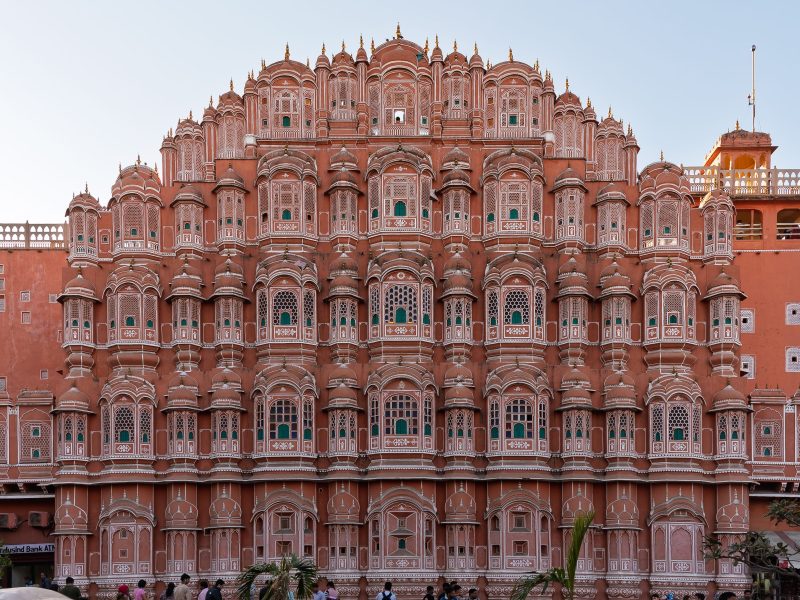The pink sandstone facade of Hawa Mahal, the Palace of Winds, in Jaipur