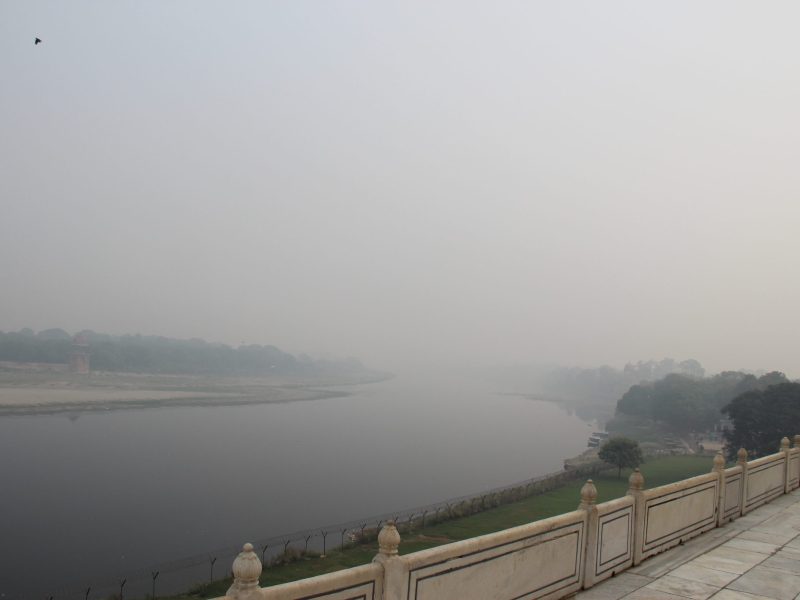 The Taj Mahal seen across the Yamuna river in Agra